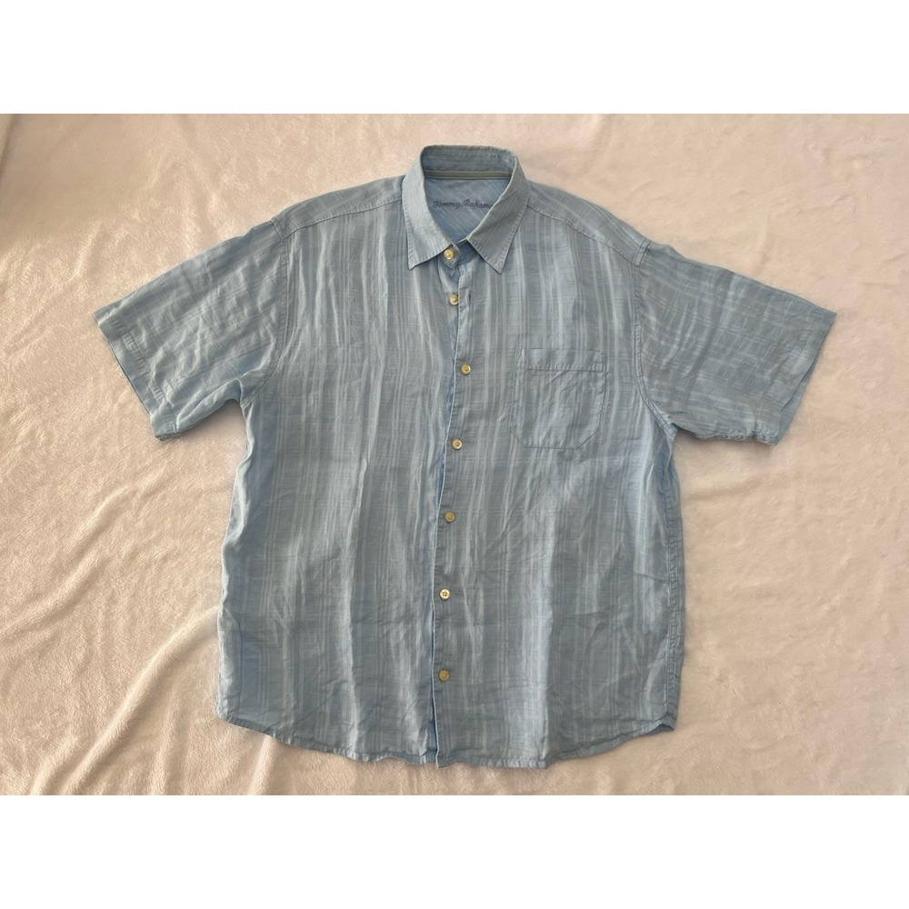 Tommy Bahama Shirt Mens Large Blue 100% Linen Short Sleeve Button Front Camp